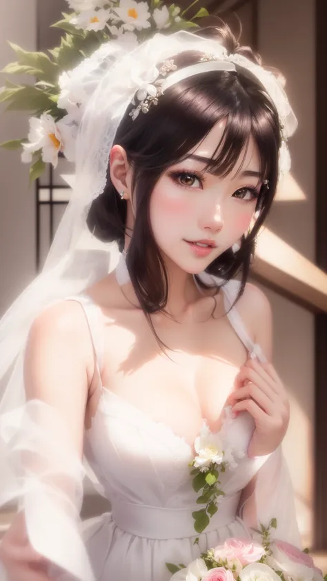 Close-up of a woman in a wedding dress holding a bouquet, Japanese Goddess, Real life anime girls, Beautiful Asian Girl, Real young gravure idol, Yoshitomo Nara, Photorealistic Animation, sakimi chan, Gorgeous Chinese Model, Attractive anime girl, Anime Gi...