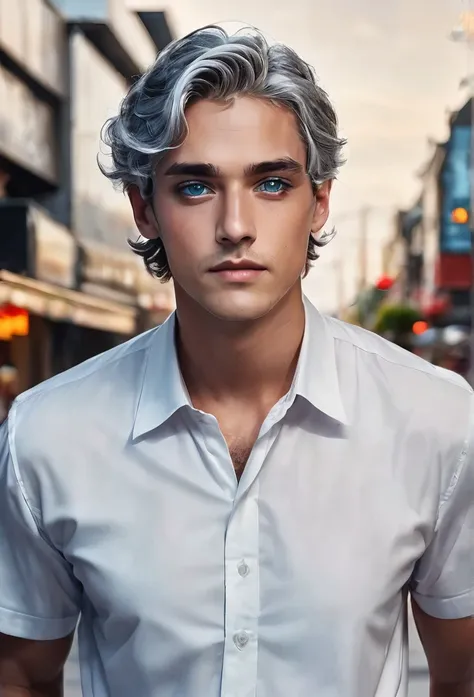 1 man, high quality, masterpiece, high definition, 20 years old man, handsome, beautiful, dark silver hair(4.5), grey hair(4.5), expressionless face(4.0), reserved gen z outfit(4.0), pale blue eyes(3.5), bustling background (4.0)