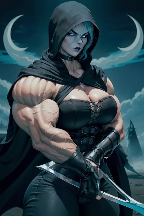 (((Close-up))), tall, (cyan hair) beautiful muscular female grim reaper, long beachy hair, pale white skinned, closed smile, large breast, (black lipstick), (massive muscles), (hyper muscle), ((ginormous bulky muscles)), purple eyes, (((black reaper cloak)...