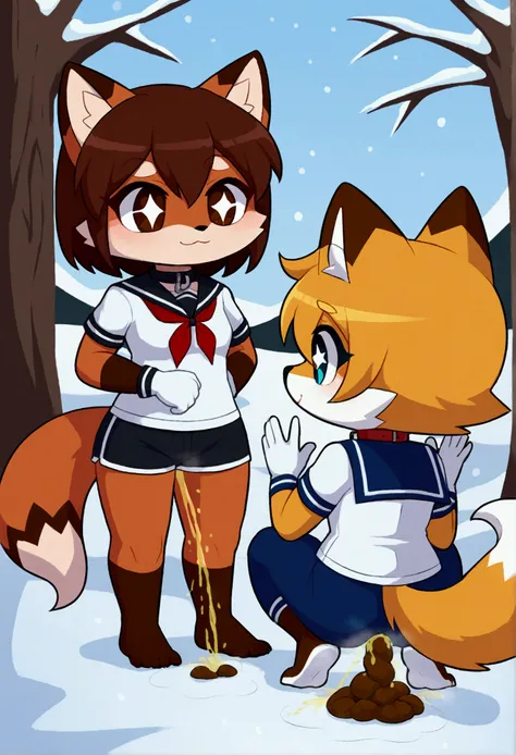 2girls, fox and tanuki, furry, bodyfur, tail, collar, sailor suit, short sleeves, jersey pants, long pants, white gloves, snow gloves, barefeet, chibi, sparkling eyes, full body, snow, squatting, looking back, fart, peeing, poop