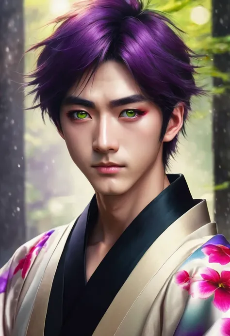 I want a young Japanese man, He has heterochromia, one eye is green and the other is purple., hair color will be red, and have a naughty smile, make him wearing a black kimono. Um retrato realista, full hd 4k.