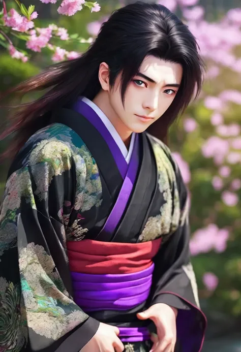 I want a young Japanese man, He has heterochromia, one eye is green and the other is purple., hair color will be red, and have a naughty smile, make him wearing a black kimono. Um retrato realista, full hd 4k.