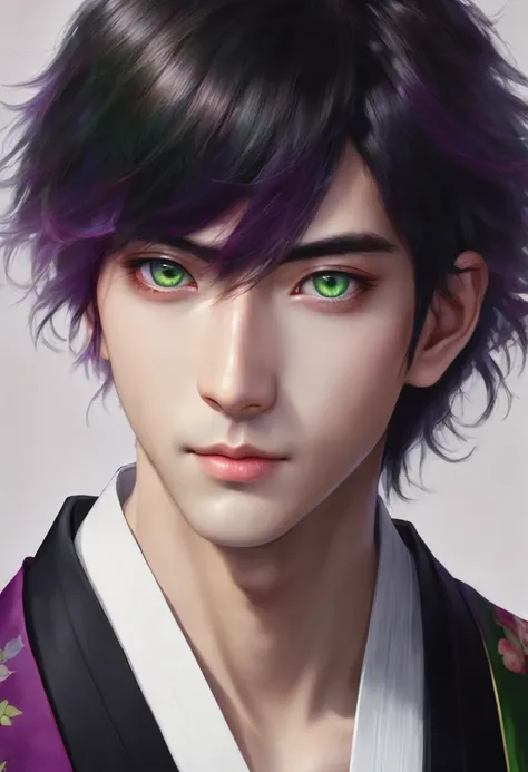 I want a young Japanese man, He has heterochromia, one eye is green and the other is purple., hair color will be red, and have a naughty smile, make him wearing a black kimono. Um retrato realista, full hd 4k.