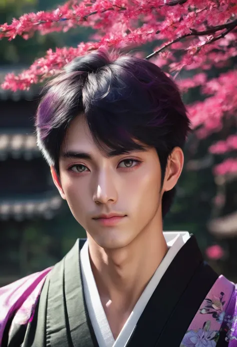 I want a young Japanese man, He has heterochromia, one eye is green and the other is purple., hair color will be red, and have a naughty smile, make him wearing a black kimono. Um retrato realista, full hd 4k.