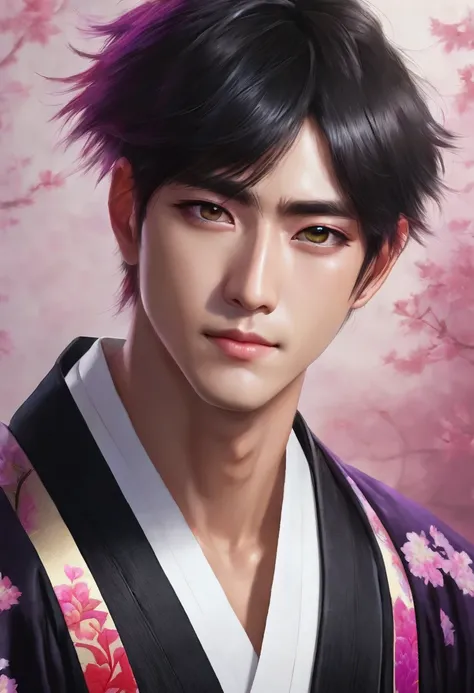 I want a young Japanese man, He has heterochromia, one eye is green and the other is purple., hair color will be red, and have a naughty smile, make him wearing a black kimono. Um retrato realista, full hd 4k.