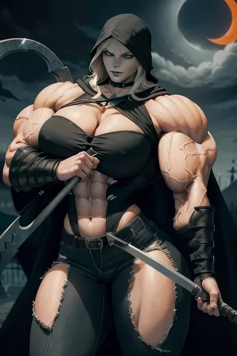 (((Close-up))), tall, (orange hair) beautiful muscular female grim reaper, long shaggy hair, pale white skinned, closed smile, large breast, (black lipstick), (massive muscles), (hyper muscle), ((ginormous bulky muscles)), green eyes, (((black reaper cloak...