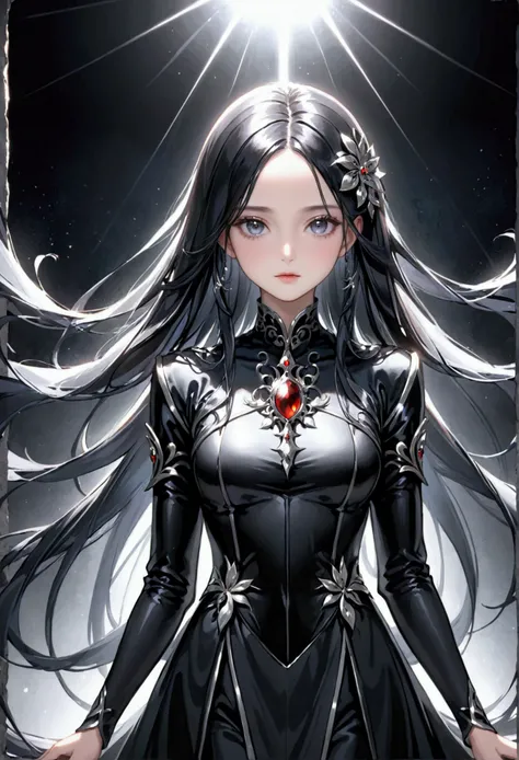 Girl, very long black hair with silver highlight, dark onyx eyes, black aura, noble lady, 