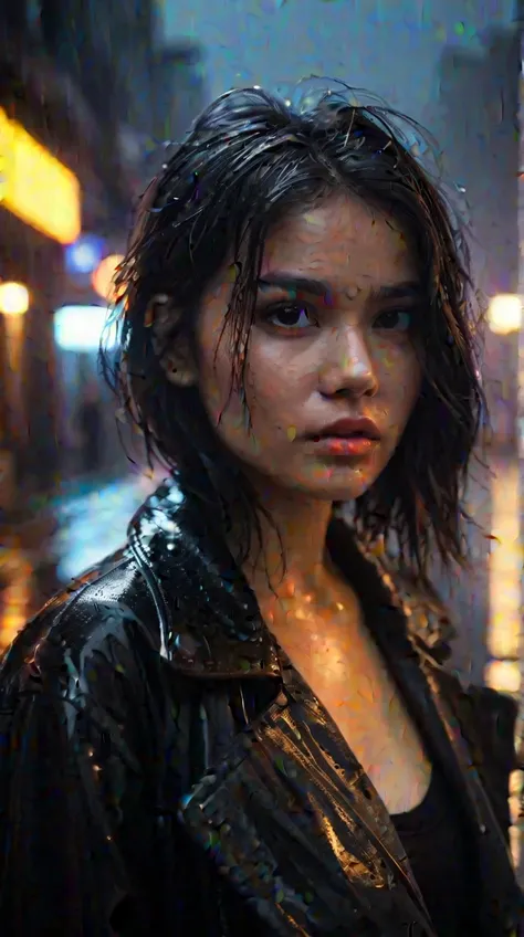 City street, neon, fog, rain, volume, Close-up portrait photo of a young woman in dark clothes, (dirty hair:0.3),  , (shot from a distance), (Dirty body:1.6), indifferent, (body sweat), (wet body), mother, depth of field, (fabulous:1.2), detailed face, dar...