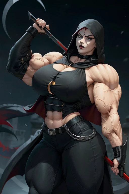 (((Close-up))), tall, (red hair) beautiful muscular asian female grim reaper, long hair, pale white skinned, closed smile, large breast, (black lipstick), (massive muscles), (hyper muscle), ((ginormous bulky muscles)), yellow eyes, (((black reaper cloak)))...