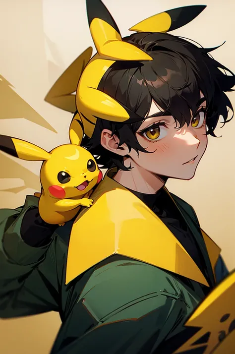 guy with dark hair holds a yellow Pikachu in his hands