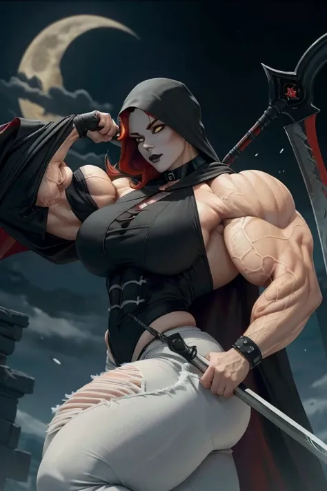 (((Close-up))), tall, (red hair) beautiful muscular asian female grim reaper, long hair, pale white skinned, closed smile, large breast, (black lipstick), (massive muscles), (hyper muscle), ((ginormous bulky muscles)), yellow eyes, (((black reaper cloak)))...