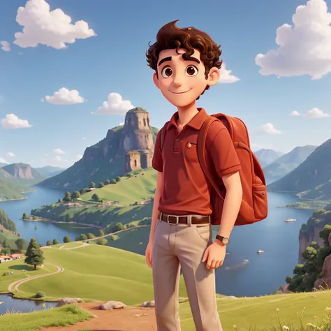 Create an illustration by Carlo Acutis, a young man with dark curly hair, dressed in a red polo shirt and a white backpack, with a background of hills and valleys. Carlo Acutis must be smiling slightly, reflecting his youth and vitality. The illustration s...