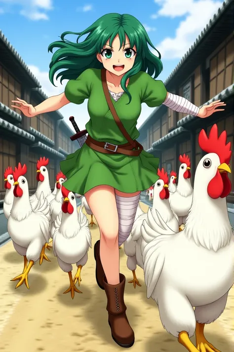 Vibrant, dynamic anime-style illustration featuring a young woman with long, flowing green hair and green eyes. She is dressed in a green tunic with a brown belt, brown boots, and a white bandage wrapped around her right thigh. She is running energetically...