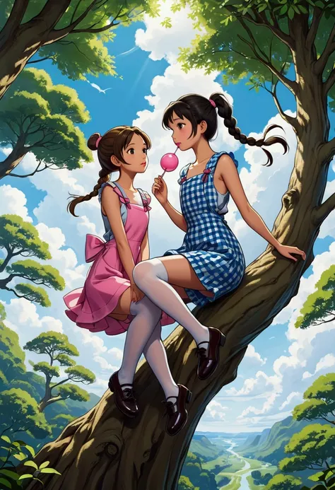 Create an idyllic image in Anime styleof two beautiful girls, in love and playing, one a British girl "Princess Anil" with brown hair tied in a ponytail, dressed in a short blue checkered overall, wearing short white stockings and dark shoes, she is sittin...