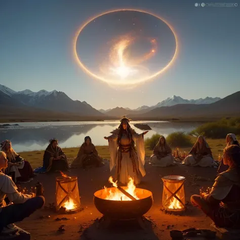 arafed lady-shaman in a white dress standing in front of a fire pit, people facing fire circle, a shaman holding up the universe, still from the movie the arrival, mystical setting, ayahuasca ceremony, still from a fantasy movie, film still from movie dune...