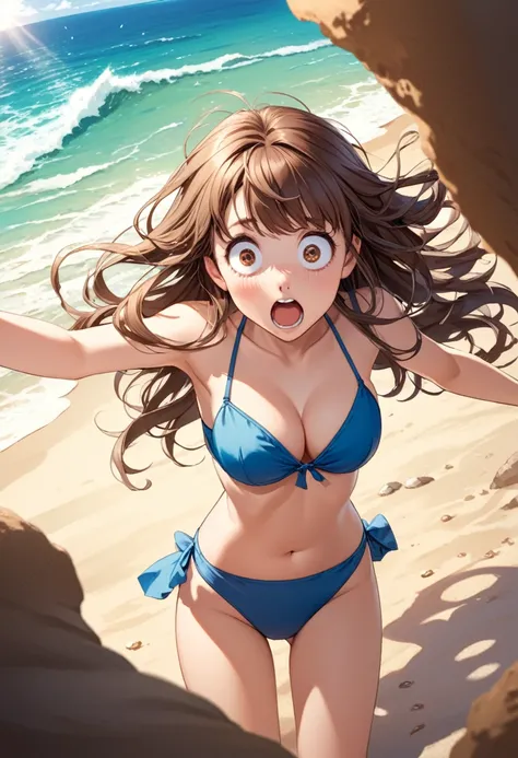 detailed illustration, dynamic angle, ultra-detailed, illustration, 1girl, 18 year old, school girl, wavy brown hair, long hair, bright brown eyes, cleavage, medium breasts, blue bikini, beach, sun ocean, sand, wide eyes, shock, surprised, shocked eyes, ga...