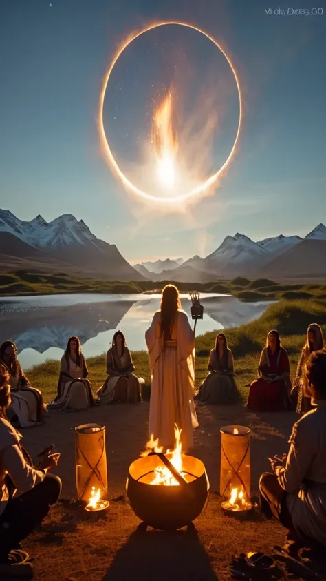 arafed woman in a white dress standing in front of a fire pit, people facing fire circle, a shaman holding up the universe, stil...