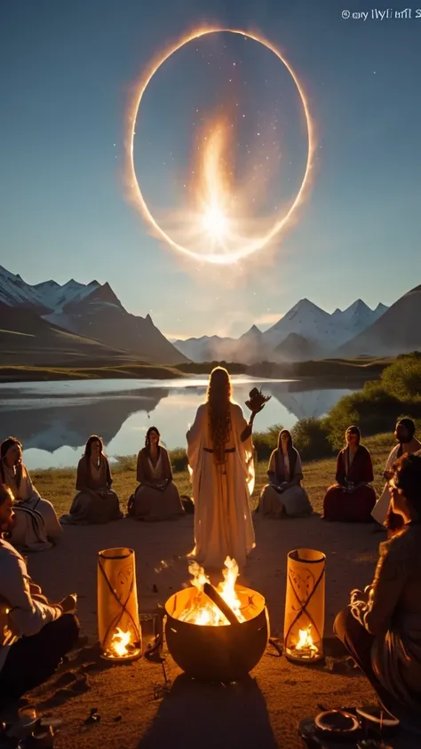 arafed woman in a white dress standing in front of a fire pit, people facing fire circle, a shaman holding up the universe, stil...