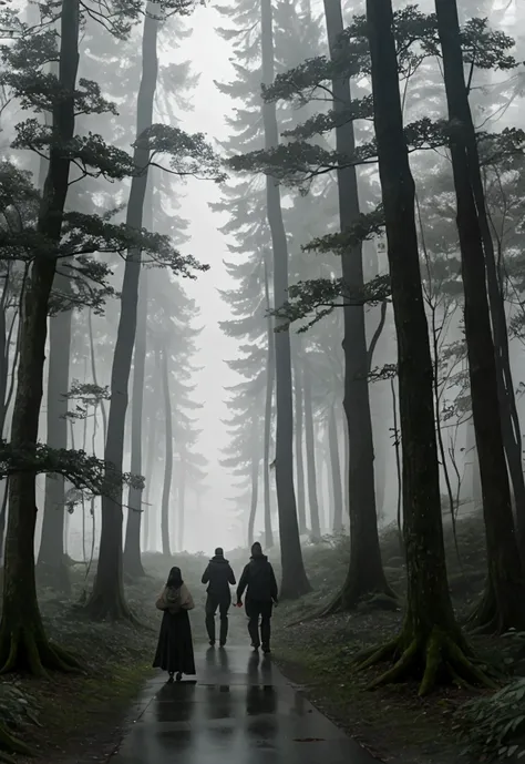 Three people are wandering through a misty wooded area, it is dark and dreary, UHD