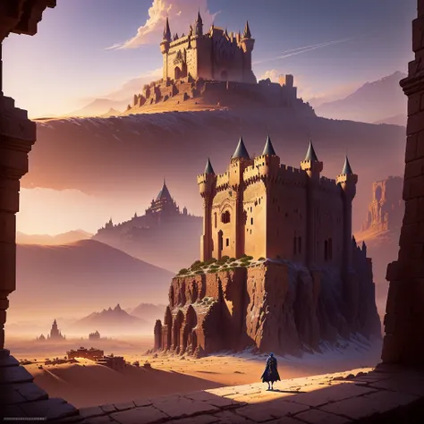 arafed castle in the desert with a man standing on a rock, anor londo, inspired by Raphael Lacoste, andreas rocha style, style of marc simonetti, by Andreas Rocha, style of raphael lacoste, inspired by Marc Simonetti, by Raphael Lacoste, art style of marc ...