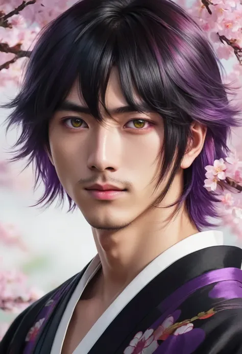 I want a young Japanese man, he has heterochromia, one eye is green and the other is purple, red hair color, and have a naughty smile, make him wearing a black and purple kimono. Um retrato realista, full hd 4k.