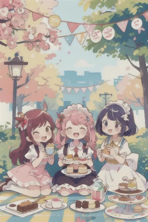 4+ girls, multiple colored hairs, sweet maids, random cute faces, super happy smiling, open mouth, group shot, zoom camera, sweet tea party, lots of cakes, macarons, chocolates, parfaits, cookies, land of sweets