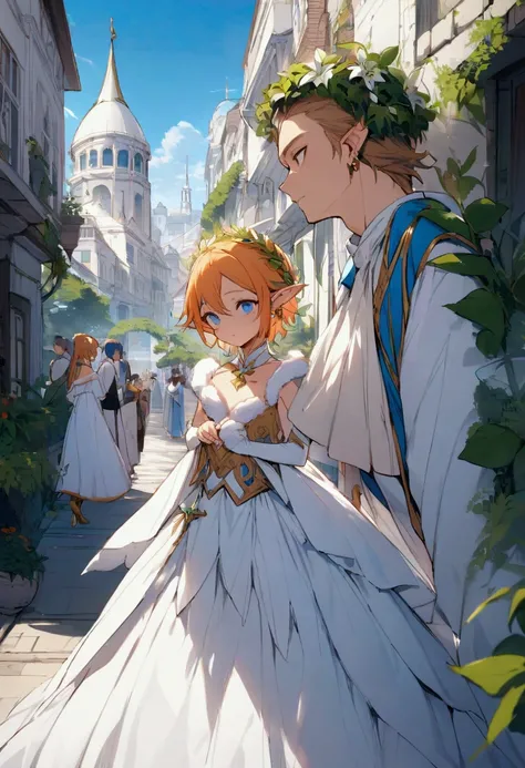 Masterpiece, High quality, High quality of art, best quality, best details, 1boy, fluffy orange hair, blue eyes, In white Heaton, a white city, a blue sky, full of inhabitants around, the inhabitants bow to him, Wreath of lilies, The white city of the elve...