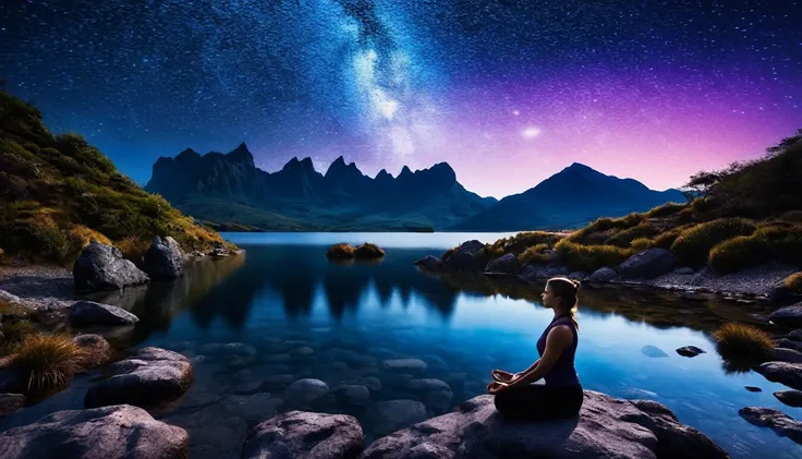 a dark and peaceful landscape, a woman in yoga clothes meditating by a calm lake with rocks and mountains, (best qualityer,4K,8k,high resolution,work of art:1.2),ultra detali,(realisitic,photorealisitic,photo-realisitic:1.37),dramatic lighting, temperament...