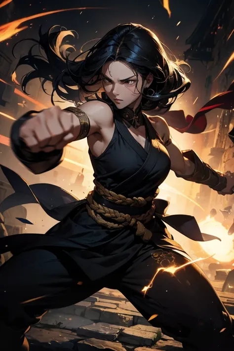 a one woman, blackquality hair, calm look, preparing a coup, martial arts fighter, mystical powers in the fists, natta, surrounded by energy