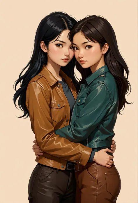 Two young women in Sarah Kay style, in love, hugging each other. One with long, straight black hair, delicate Asian features, dressed in a petrol-coloured shirt and dark trousers, the other a young British woman with semi-short brown hair, dressed in a bro...