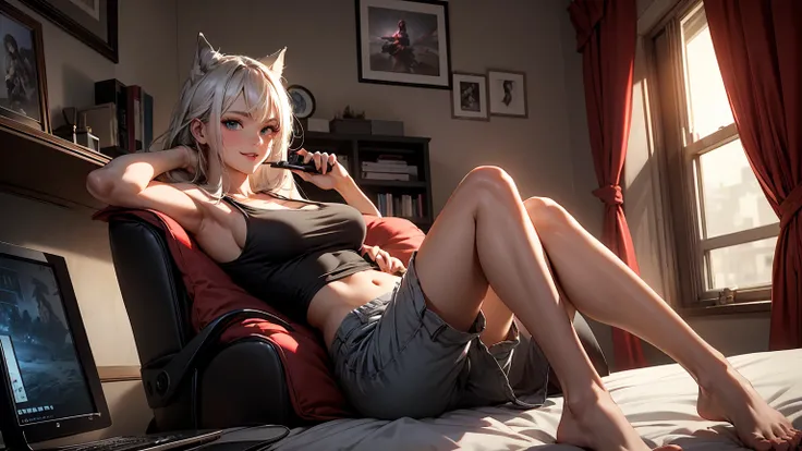 Illustrate a beautiful 20-year-old wolf girl with tan skin and long, flowing hair. She has bright, captivating eyes and is dressed in a cute tank top that shows her midriff, big breasts, lush breasts, voluminous breasts, elastic breasts, on the bed, legs a...