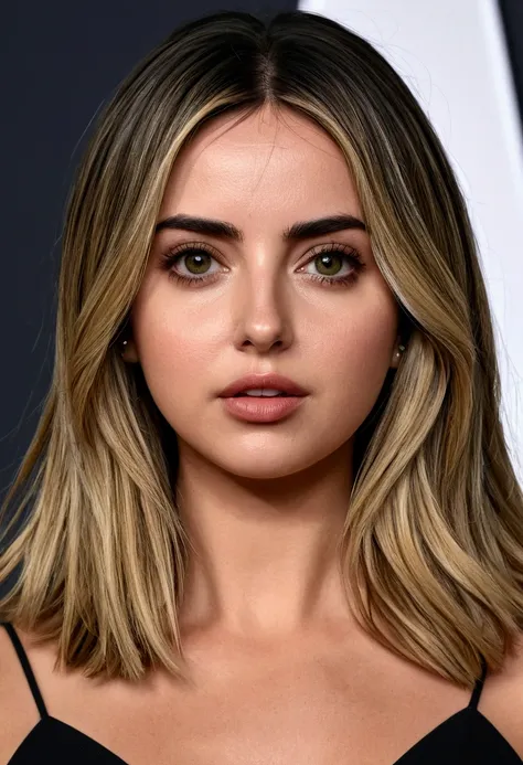 A photo realistic portrait of Ana de Armas wear a black short dress ,light makeup,  nice long straight blonde hair, high quality photo 4k, very detailed, perfect fit, looking at the camera, detailed face, detailed almond eyes, olive skin 