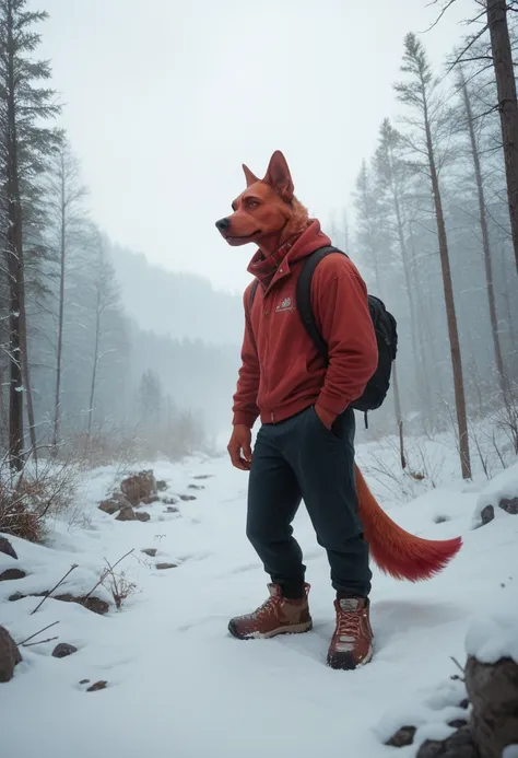 male furry red dog with red dog penis, full body, in a deserted snowy landscape