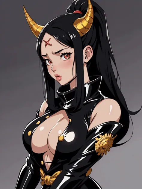 anime girl , black hair , high quality lips , horns , one piece , high boots , little muscles , high quality , sexy , thick , high quality ,