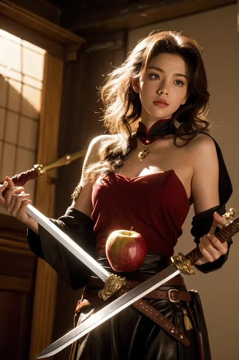 An apple with a sword in a fantasy style from 80s movies