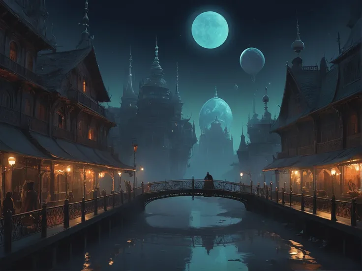 a Clockwork djinn with ornate,mystical lamps at a Gaslit bridge spanning over tranquil river,city of yharnam,bloodborne,ultra-fine digital painting,cin3 , victorianstyle,concept art by syd mead by James Gilleard,Emphasize eerie atmosphere,high contrast,and...