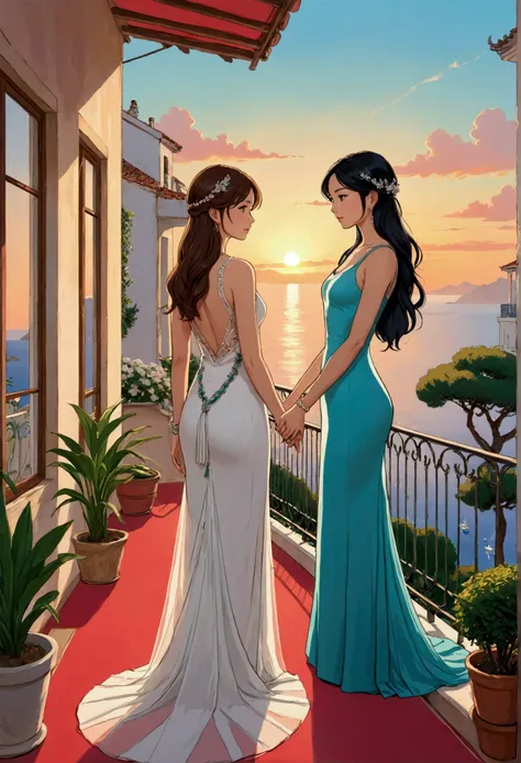 Name "FREENBECKY FOREVER" in an elegant, bold and dynamic font with the colours blue, white and red with the Cannes Film Festival logo Behind the letters and Creates an idyllic manga style image of two beautiful women watching the sunset from a balcony on ...