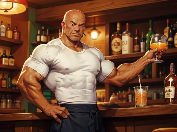 Tavern in the style of the 80s, bar counter, behind the counter there is a muscular bald bartender in a white shirt with rolled up sleeves, wiping the glass, alcoholic on a chair, The bartender listens attentively to the story of a bar visitor