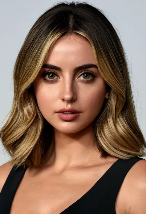 A very realistic and detailed portrait of Ana de Armas wear a black short dress ,light makeup,  nice voluminous long straight blonde hair, high quality photo 4k, very detailed, perfect fit, looking at the camera, detailed face, detailed eyes, olive skin 