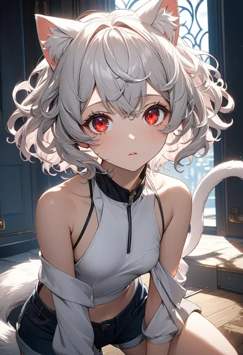 neferpitou, neferpitou, short hair, (red eyes:1.5),  animal ears, tail, white hair, shorts, cat ears, cat tail, curly hair, (small breast:1.2), BREAK looking at viewer, BREAK outside, BREAK (masterpiece:1.2), best quality, high resolution, unity 8k wallpap...