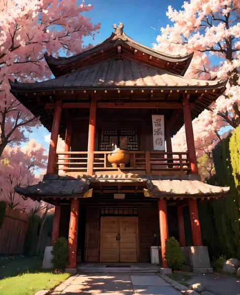 lucky cat is located on a circular thatched hut, chinese ancient architectural accessories, cherry blossom trees, meadows, rocke...