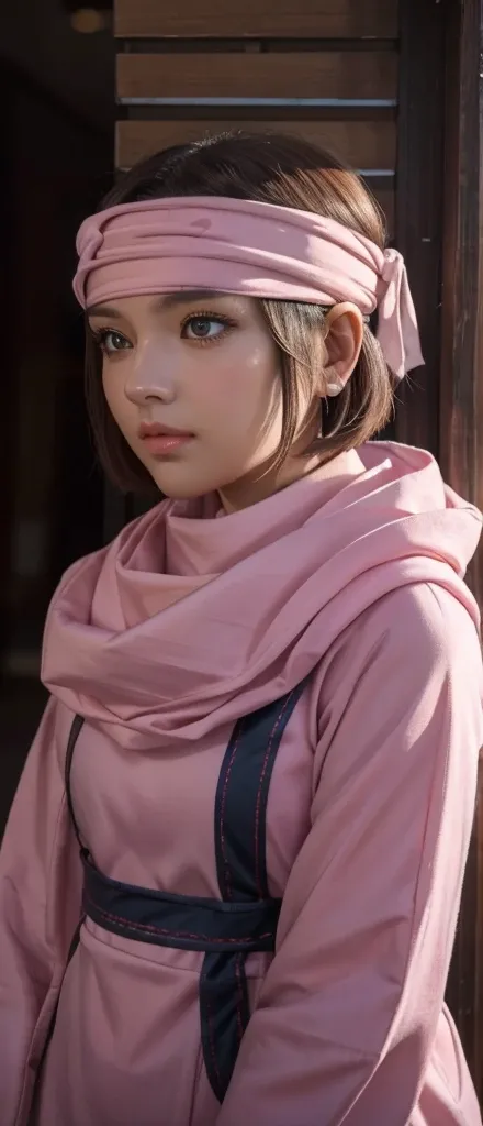 masterpiece), best quality, high resolution 1girl bob cut medium hair standing alone cowl headband profile image looking at viewer beautiful eyes beautiful face extremely detailed pink clothing girly