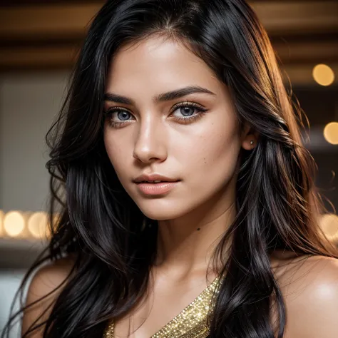 Generates a professional photograph of the face of a beautiful 26-year-old woman of European and Latin origin staring into the camera. His eyes are blue and deep, has full lips, tanned white skin. Her hair is long, Wavy, black with gold glitter.