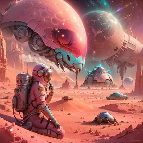 astronaut in a pink desert with a giant alien head, greg beetle, beetle artwork, beeple and jeremiah ketner, beeple y tim hildeb...