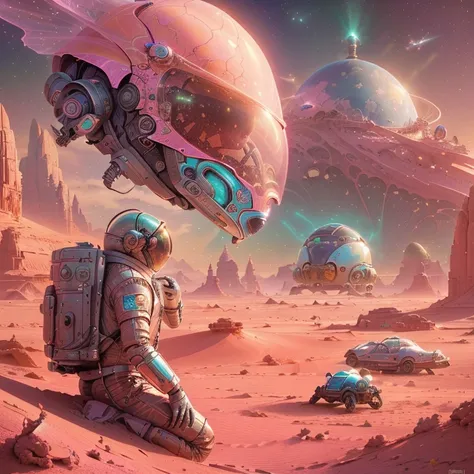 astronaut in a pink desert with a giant alien head, greg beetle, beetle artwork, beeple and jeremiah ketner, beeple y tim hildeb...