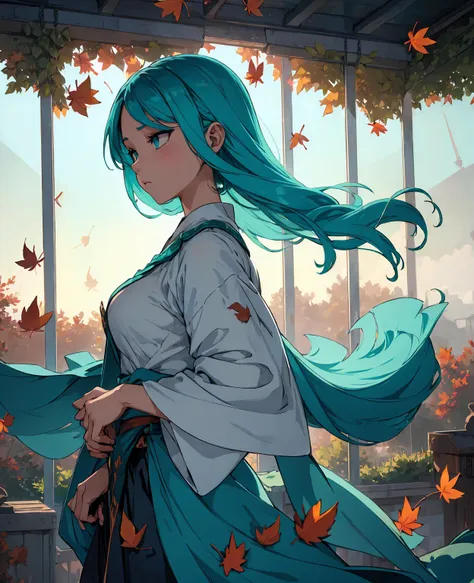 (high detail:1.2)anime girl,(cinematic lighting,delicate colors),(falling leaves:1.2), calm lighting, wind, fog. turquoise, delt...