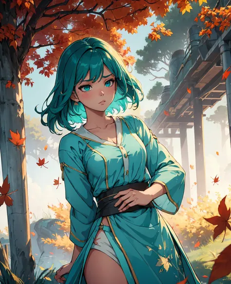 (high detail:1.2)anime girl,(cinematic lighting,delicate colors),(falling leaves:1.2), calm lighting, wind, fog. turquoise, delt...