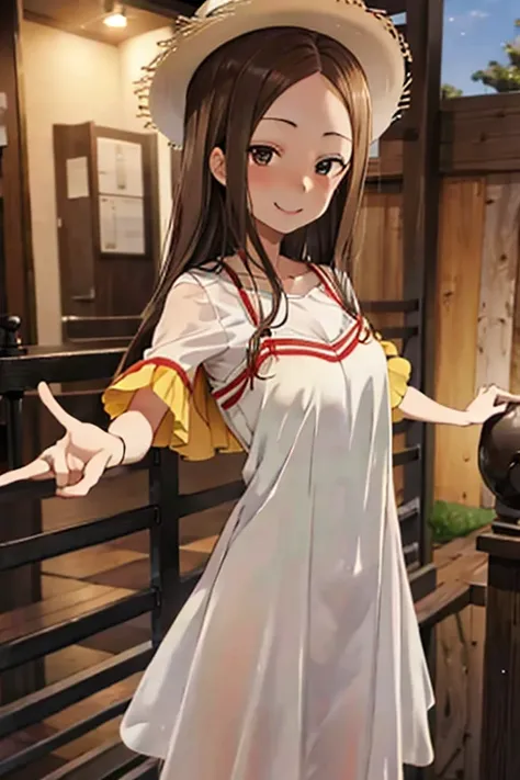 takagi-san、shiny brown hair, straight long hair,((mid-chest、amount、center part))、 beautiful brown eyes、smile、sparkling eyes, (fi...