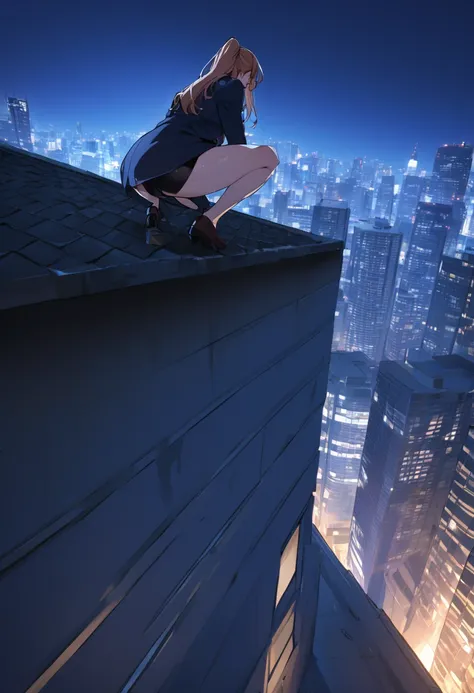 a muscular career woman is urinating on the roof of a high-rise apartment building towards the skyscrapers at night.