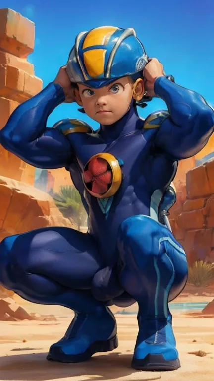 Desert Oasis,Huge muscles,Huge penis,Boy wearing a blue helmet,Hero Suit,（（（8-year-old boy）））,Rubber Suit,Squat with hands on head,Get fit with dumbbells,Painful expression,8-head body and long legs